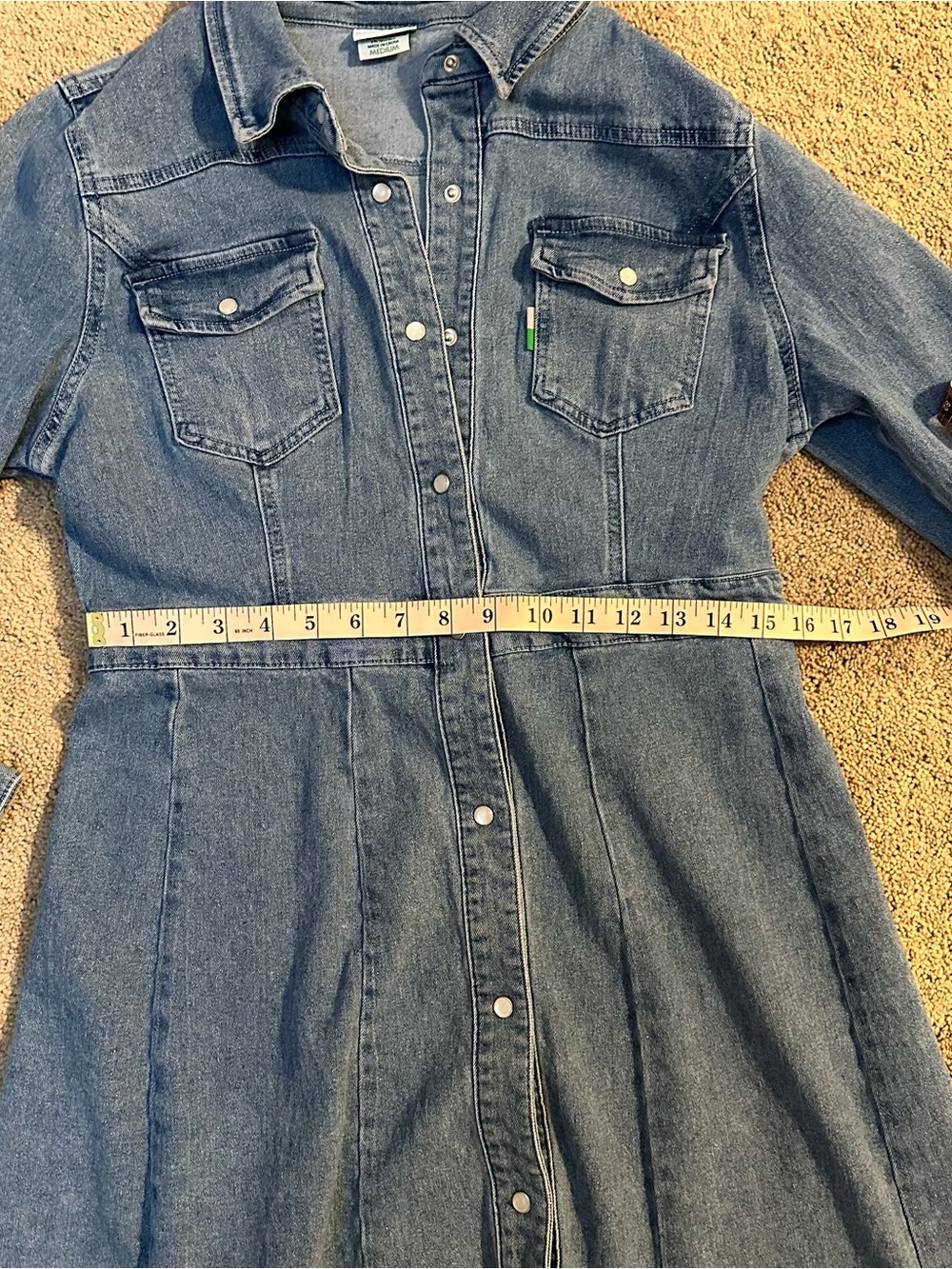Western Denim Fit And Flare Mini Dress Pearl Snap Button Collar Pockets Sz M - Picture 8 of 9